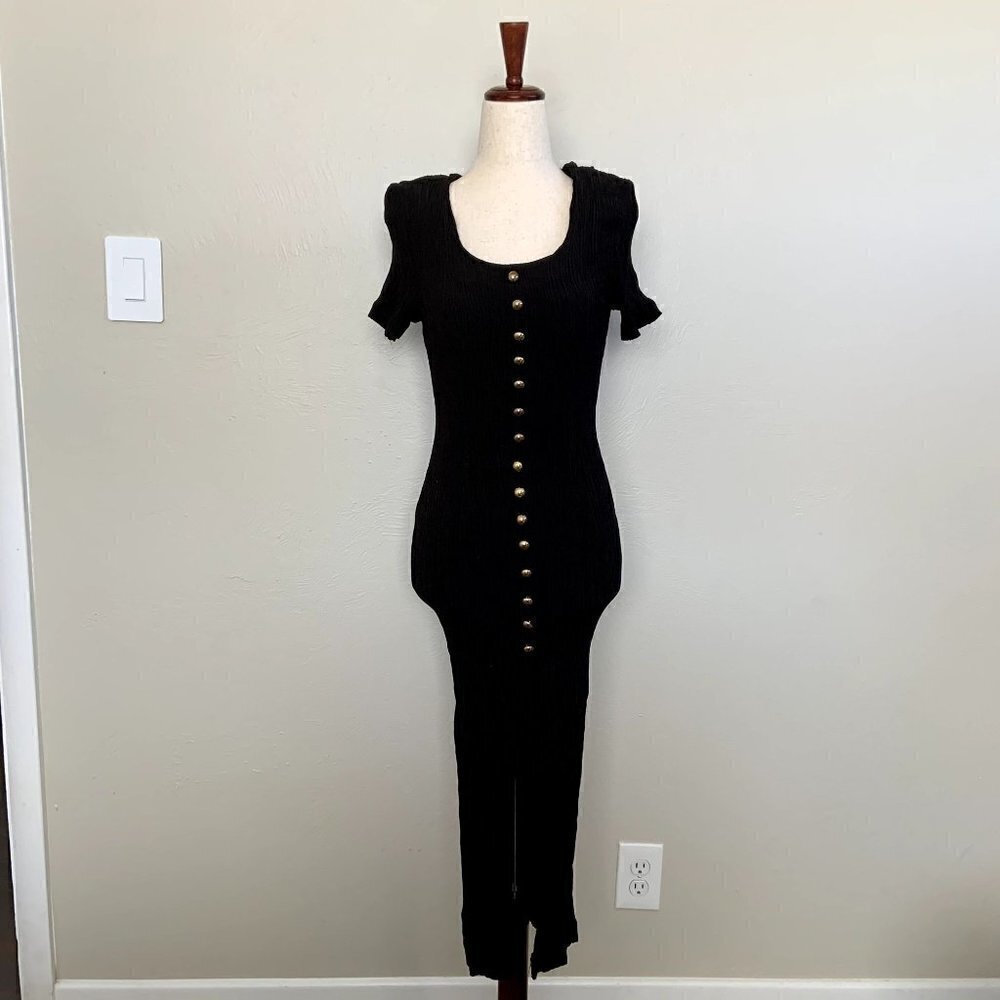 Dawn Joy Pleated Bodycon Midi Dress Front Slit Gold Buttons